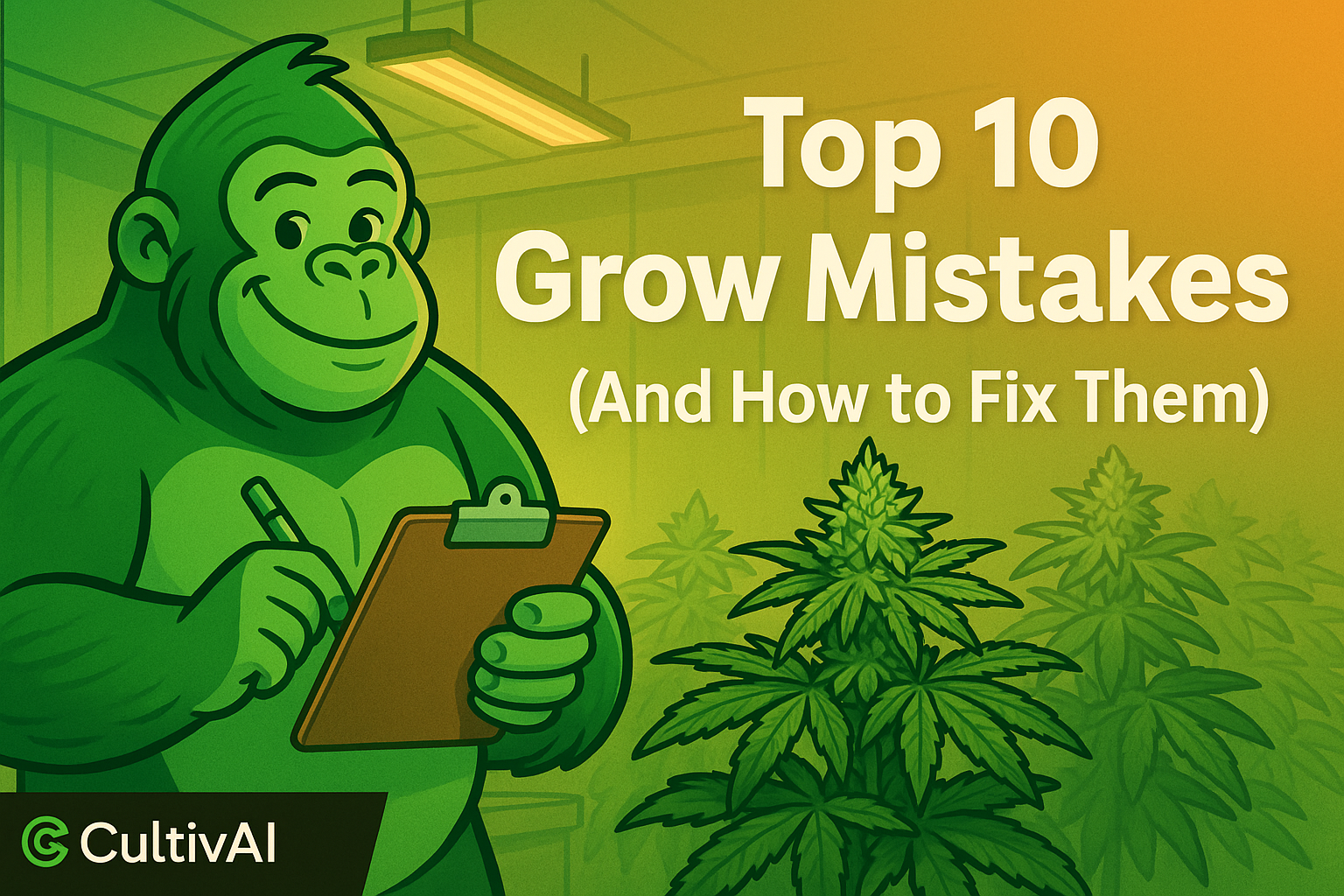 Top 10 grow mistakes and how to fix them; gary the gorilla holding clipboard next to plants.