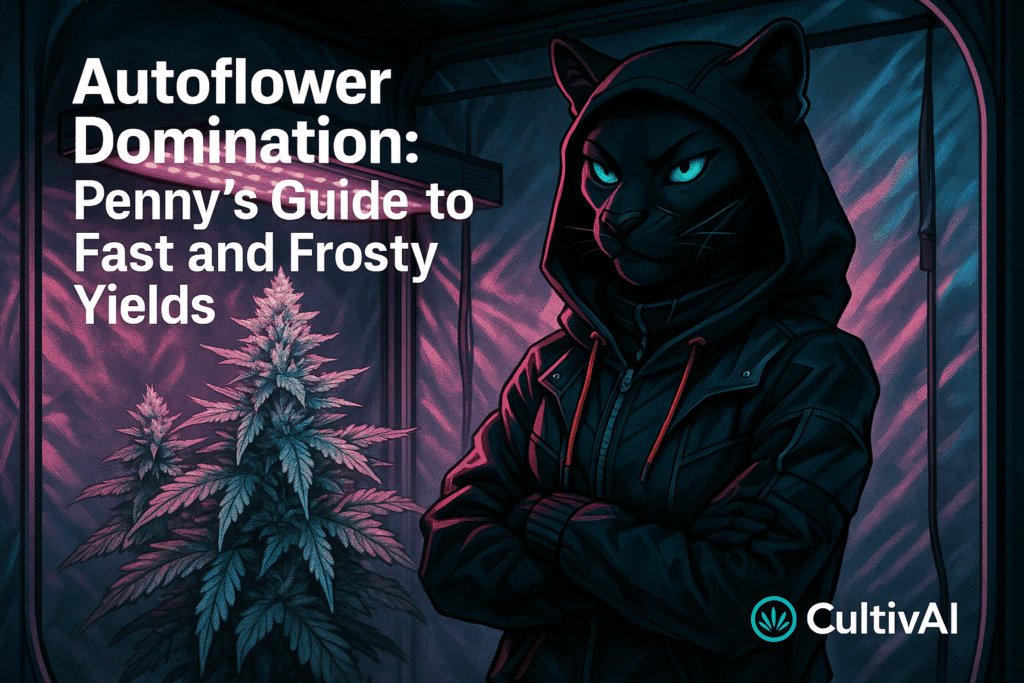Pennys Autoflower Domination; Guide to frosty and fast yields; Penny the Panther standing next to plant.