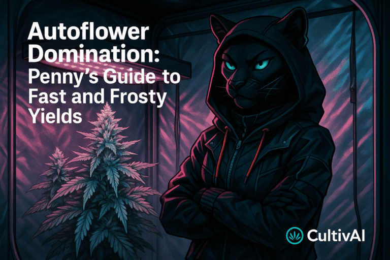 Pennys Autoflower Domination; Guide to frosty and fast yields; Penny the Panther standing next to plant.