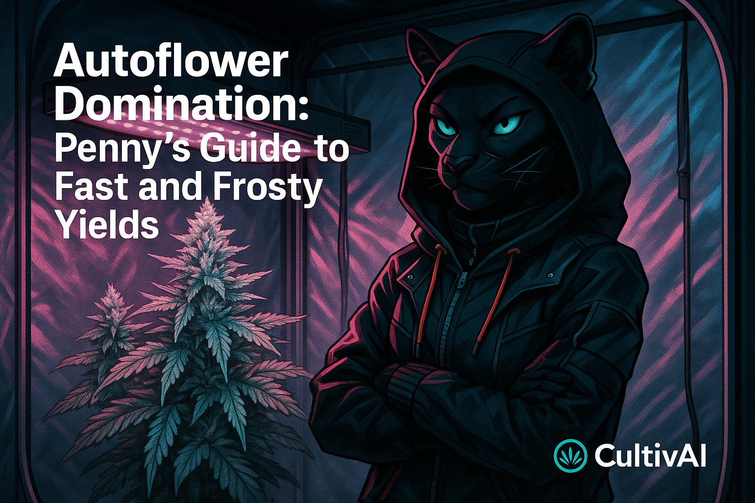 Pennys Autoflower Domination; Guide to frosty and fast yields; Penny the Panther standing next to plant.