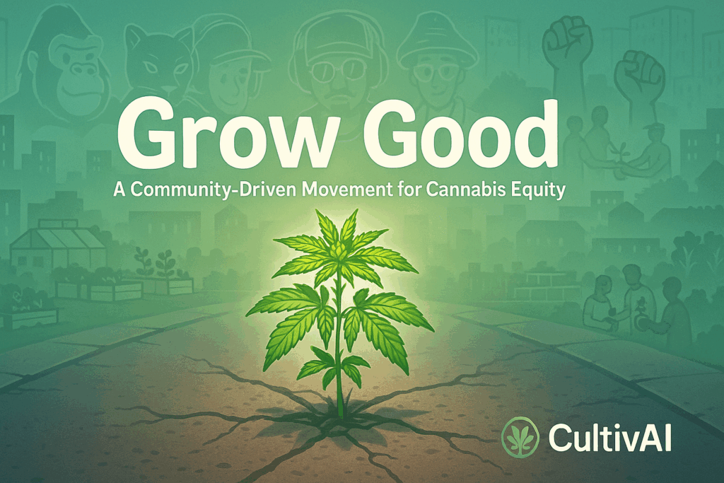A vibrant cannabis plant grows through cracked concrete in the center of the image, symbolizing resilience. Behind it, ghosted illustrations of CultivAI’s five mentors (a gorilla, panther, bull, mushroom, and raccoon) form a protective circle. The background shows faint outlines of city buildings, community gardens, raised fists, and people sharing grow tools. Bold text reads “Grow Good” with the subtitle “A Community-Driven Movement for Cannabis Equity.” The CultivAI logo appears in the bottom right corner.