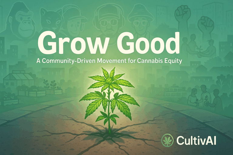 A vibrant cannabis plant grows through cracked concrete in the center of the image, symbolizing resilience. Behind it, ghosted illustrations of CultivAI’s five mentors (a gorilla, panther, bull, mushroom, and raccoon) form a protective circle. The background shows faint outlines of city buildings, community gardens, raised fists, and people sharing grow tools. Bold text reads “Grow Good” with the subtitle “A Community-Driven Movement for Cannabis Equity.” The CultivAI logo appears in the bottom right corner.